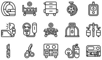 Set of Vector Icons Related to Medical Equipment. Contains such Icons as Mri, Trolley, Glucose Meter, Nebulizer, Stretcher, Scalpel and more.