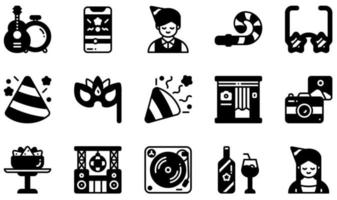 conjunto de iconos vectoriales relacionados con la fiesta. contiene íconos como música en vivo, ventilador de fiesta, sombrero de fiesta, máscara de fiesta, fotomatón, refrigerio y más. vector