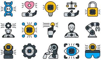 conjunto de iconos vectoriales relacionados con la inteligencia artificial. contiene íconos como salud, idea, ley, aprendizaje automático, robótica, brazo robótico y más. vector