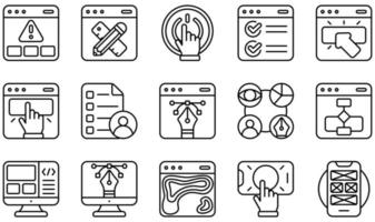 conjunto de iconos vectoriales relacionados con ux y ui. contiene íconos como alerta, casilla de verificación, clic, diseño, diagrama de flujo, interactivo y más. vector