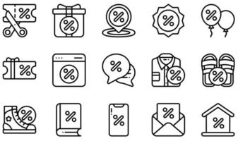 Set of Vector Icons Related to Discount. Contains such Icons as Scissors, Gift, Summer Sale, Chat Bubble, Online Discount, Discount Voucher and more.