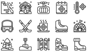 conjunto de iconos vectoriales relacionados con el invierno. contiene íconos como avalancha, cabina, hockey, patinaje sobre hielo, iglú, esquí y más. vector