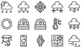 conjunto de iconos vectoriales relacionados con el clima. contiene íconos como aguanieve, nieve, tormenta, amanecer, atardecer, tormenta eléctrica y más. vector