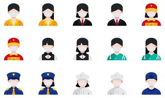 conjunto de iconos vectoriales relacionados con avatares con máscaras médicas. contiene íconos como recepción, hombre de negocios, repartidor, cantinero, médico, policía y más.