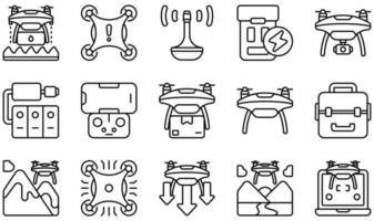Set of Vector Icons Related to Drones. Contains such Icons as Agriculture , Antenna, Battery, Camera Drone, Drone, High Tech and more.
