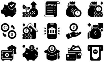 conjunto de iconos vectoriales relacionados con la banca. contiene íconos como seguros, intereses, facturas, préstamos, dinero, ahorros y más. vector