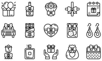 Set of Vector Icons Related to Gift. Contains such Icons as Balloons, Bouquet, Chocolate Bar, Chocolate Box, Cookies, Flower and more.