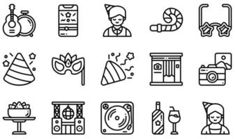 conjunto de iconos vectoriales relacionados con la fiesta. contiene íconos como música en vivo, ventilador de fiesta, sombrero de fiesta, máscara de fiesta, fotomatón, refrigerio y más. vector