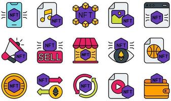 conjunto de iconos vectoriales relacionados con nft. contiene íconos como música, nft, foto, plataforma, venta, token y más. vector