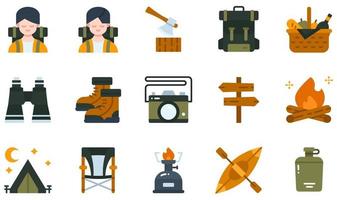 Set of Vector Icons Related to Camping. Contains such Icons as Adventurer, Axe, Backpack, Basket, Boots, Campfire and more.