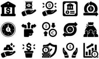 Set of Vector Icons Related to Investment. Contains such Icons as Banking, Barrel, Bitcoin, Bond, Cash Flow, Clock and more.