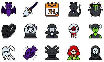 conjunto de iconos vectoriales relacionados con halloween. contiene íconos como murciélago, escoba, gato, ataúd, bola de cristal, fantasma y más. vector