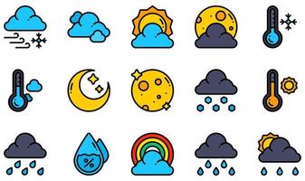 conjunto de iconos vectoriales relacionados con el clima. contiene íconos como ventisca, nube, día nublado, noche nublada, frío, fresco y más. vector