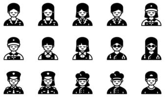 conjunto de iconos vectoriales relacionados con avatares. contiene íconos como recepción, mujer de negocios, cantinero, médico, policía, chef y más. vector