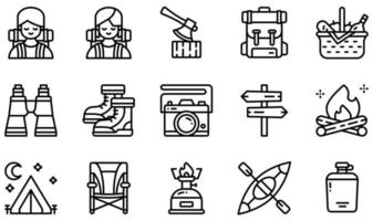 conjunto de iconos vectoriales relacionados con el camping. contiene íconos como aventurero, hacha, mochila, canasta, botas, fogata y más. vector