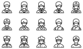 conjunto de iconos vectoriales relacionados con avatares con máscaras médicas. contiene íconos como recepción, hombre de negocios, repartidor, cantinero, médico, policía y más. vector