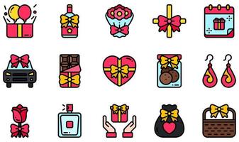 conjunto de iconos vectoriales relacionados con el regalo. contiene íconos como globos, ramo, barra de chocolate, caja de chocolate, galletas, flores y más. vector