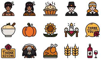 Set of Vector Icons Related to Thanksgiving . Contains such Icons as Pie, Pilgrim, Native American, Pumpkin, Thanksgiving, Turkey and more.