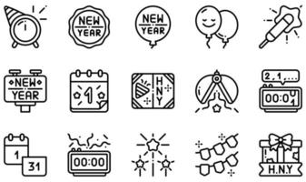 conjunto de iconos vectoriales relacionados con el año nuevo. contiene íconos como insignia, globo, calendario, tarjeta, cuenta regresiva, fuegos artificiales y más. vector