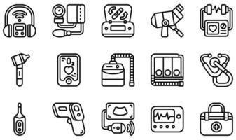 conjunto de iconos vectoriales relacionados con equipos médicos. contiene íconos como audiómetro, presión arterial, centrífuga, colposcopio, desfibrilador, otoscopio y más. vector