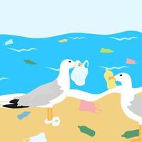 Vector illustration of a seagull eating plastic trash and bottles. Stop plastic pollution in the ocean. Ecological problems.