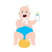 Baby vomits white milk. Cartoon cute baby drinking milk while holding milk bottle in hand and sitting on balloon. Vector illustration.