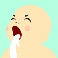 Baby vomits milk. His expression is very cute and adorable. Vector illustration.