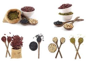 Collection of variety beans - healthy and high nourish protein food -Top view of many colors - black, white, red, and mung bean on spoon isolated on white background. photo