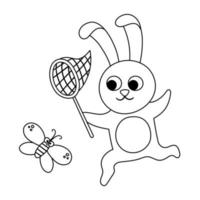 Vector black and white hare catching a butterfly with a net. Funny woodland animal. Cute forest outline illustration for kids isolated on white background. Playful rabbit line icon