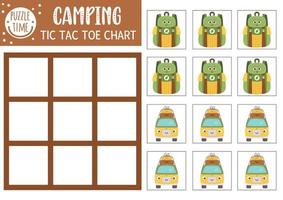 Vector summer camp tic tac toe chart with cute camping equipment. Woodland board game playing field with kawaii backpack, van. Funny printable worksheet. Camping noughts and crosses grid