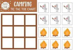 Vector forest tic tac toe chart with cute bird and fire. Woodland board game playing field with animal frying sausage. Funny printable worksheet for kids. Camping noughts and crosses grid