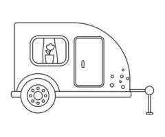 Vector black and white tourist trailer with door and window. Cute outline camper van isolated on white background. Camping carrier car line illustration. Journey vehicle concept. Mobile home icon