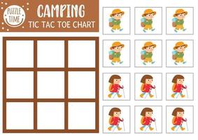 Vector summer camp tic tac toe chart with cute hiking kids. Woodland board game playing field with walking children. Funny printable worksheet. Camping noughts and crosses grid