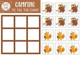 Vector forest tic tac toe chart with cute hedgehog and squirrel. Woodland board game playing field with animals. Funny printable worksheet for kids. Noughts and crosses grid