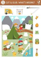 Vector camping cut and glue activity. Summer camp educational crafting game with cute scene with kids in the forest. Fun printable worksheet for children. What is missing page. Complete the picture