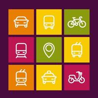 conjunto de iconos de ciudad y transporte público, señales de vectores de transporte público, ruta, autobús, metro, taxi, pictogramas de transporte público, iconos de líneas gruesas en cuadrados de color, ilustración vectorial