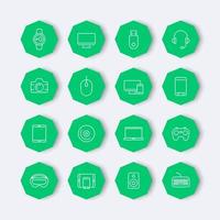 Modern gadgets line icons, green octagonal pictograms, vector illustration