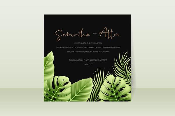 Wedding invitation template with realistic tropical summer leaves