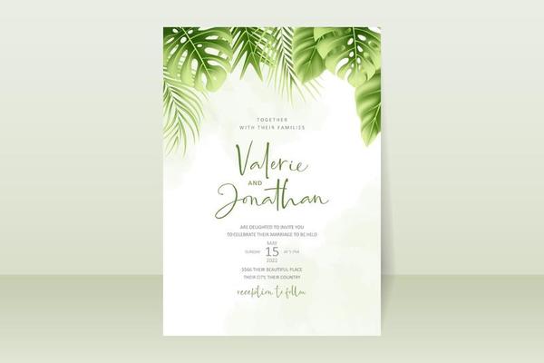 Wedding invitation template with realistic tropical summer leaves