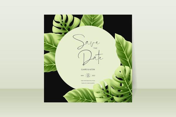 Wedding invitation template with realistic tropical summer leaves