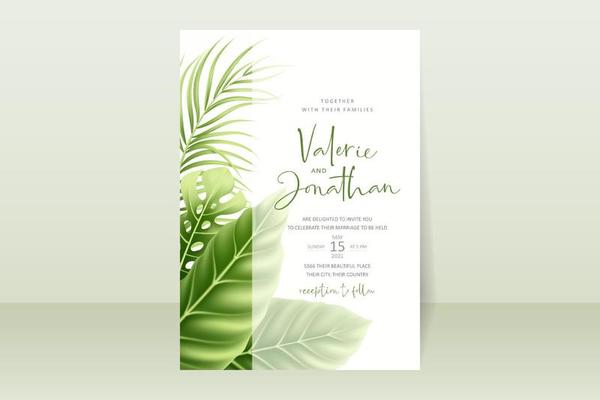 Wedding invitation template with realistic tropical summer leaves