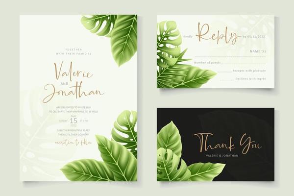 Wedding invitation template with realistic tropical summer leaves