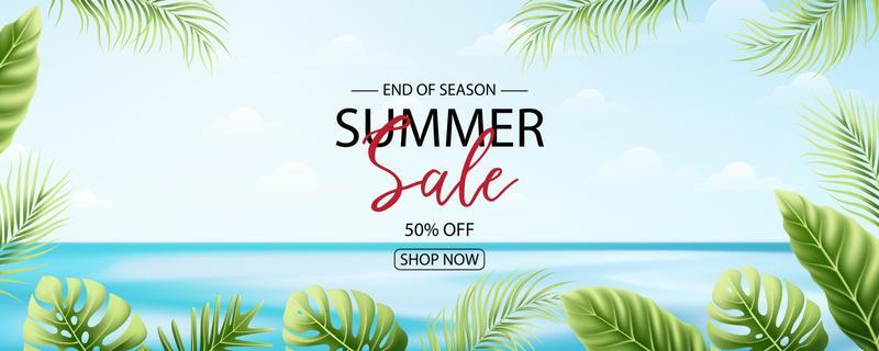 Summer sale banner design with tropical leaves background