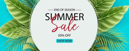 Summer sale banner design with tropical leaves background vector