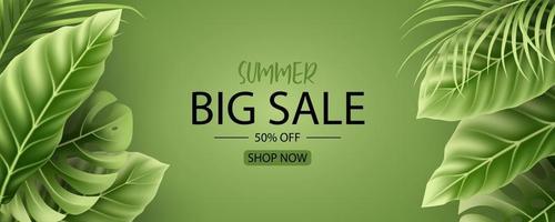 Summer sale banner design with tropical leaves background vector