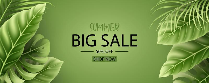 Summer sale banner design with tropical leaves background