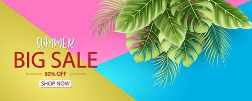 diseño de banner de venta de verano con fondo de hojas tropicales vector