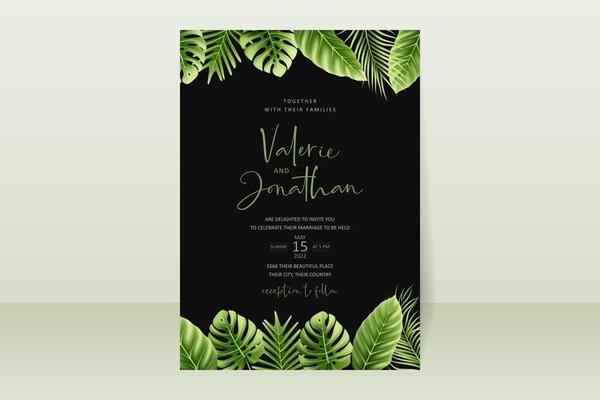 Wedding invitation concept with realistic tropical leaves