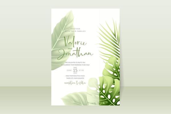 Wedding invitation template with realistic tropical summer leaves