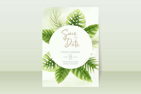 Wedding invitation template with realistic tropical summer leaves